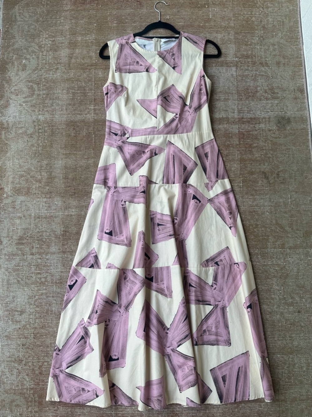 Sleeveless Cream Cotton Midi Dress with Pink Abstract Print “Poodle Dress”